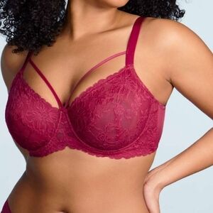 NWT - Pretty In Petals Red Unlined Strappy Lace Bra - 34DDD